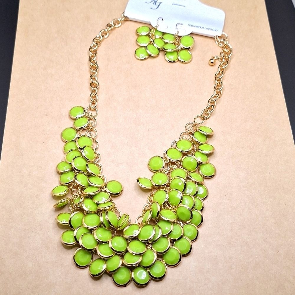 green Layered statement Necklace with matching earrings